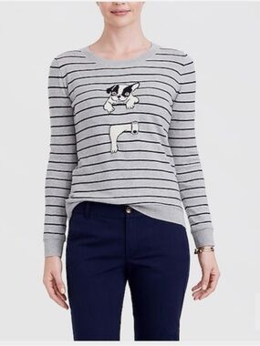 J. Crew Teddy Sweater Gray Striped Crewneck Long-Sleeve Sweater with Dog Motif